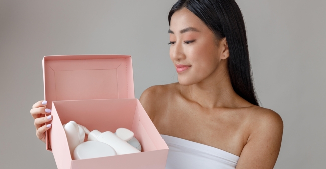 Smiling young woman holding box with cosmetic prod 2023 11 27 05 28 13 utc min