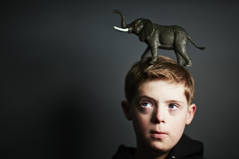 Boy with an elephant toy on his head looking puzzl 2025 04 05 03 13 47 utc min