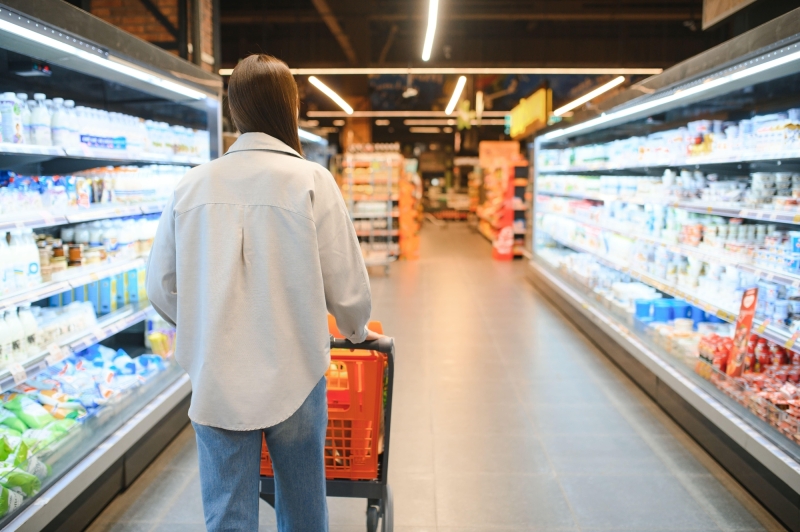 Happy young woman looking at product at grocery st 2025 03 15 17 03 45 utc min